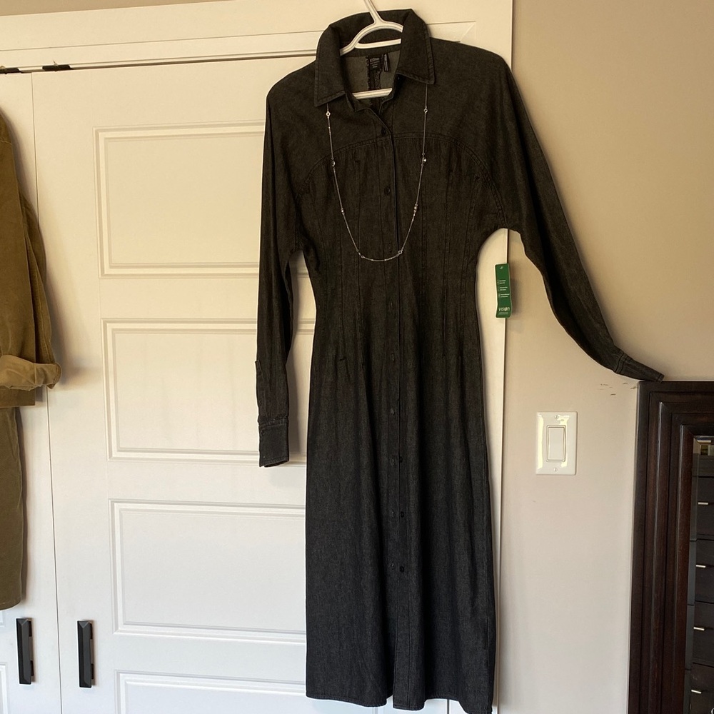 ICONe Charcoal Long-Sleeve fully button up Dress. 100% organic cotton tapered